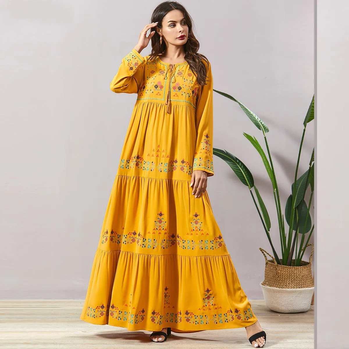 Платье размера плюс с мусульманской вышивкой абайя кафтан женские свободные