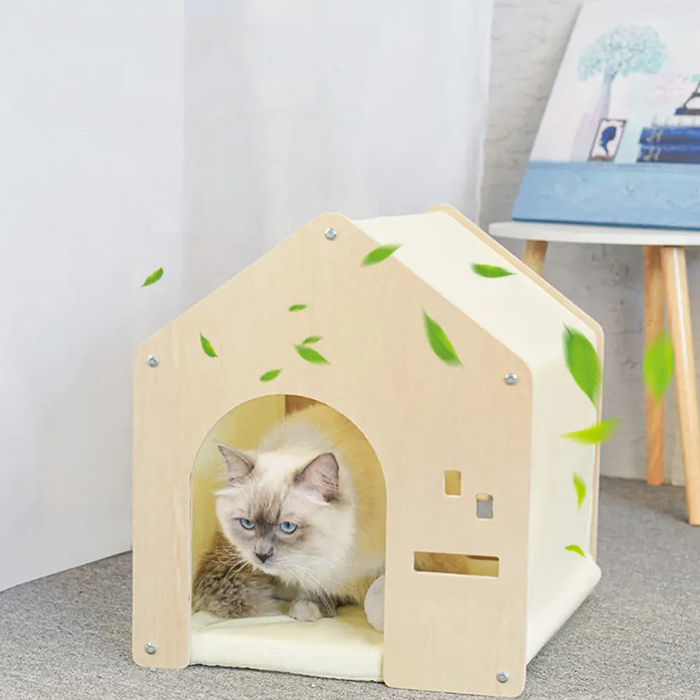 

Creative Cat Wooden Nest Felt Kitty Wooden House Cat Pet Sleeping Nest
