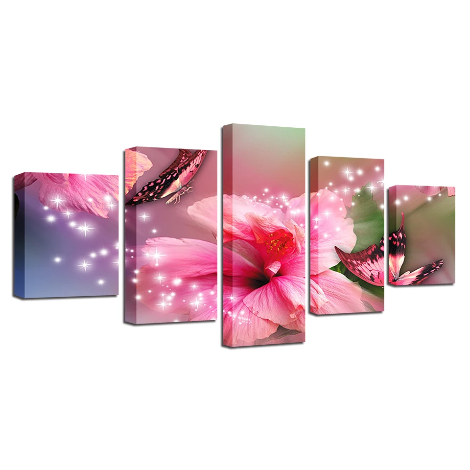 

HD Modern Painting Wall Art Modular Canvas Poster Printed 5 Panel Pink Flowers Butterflies Frame Pictures Home Decor Living Room