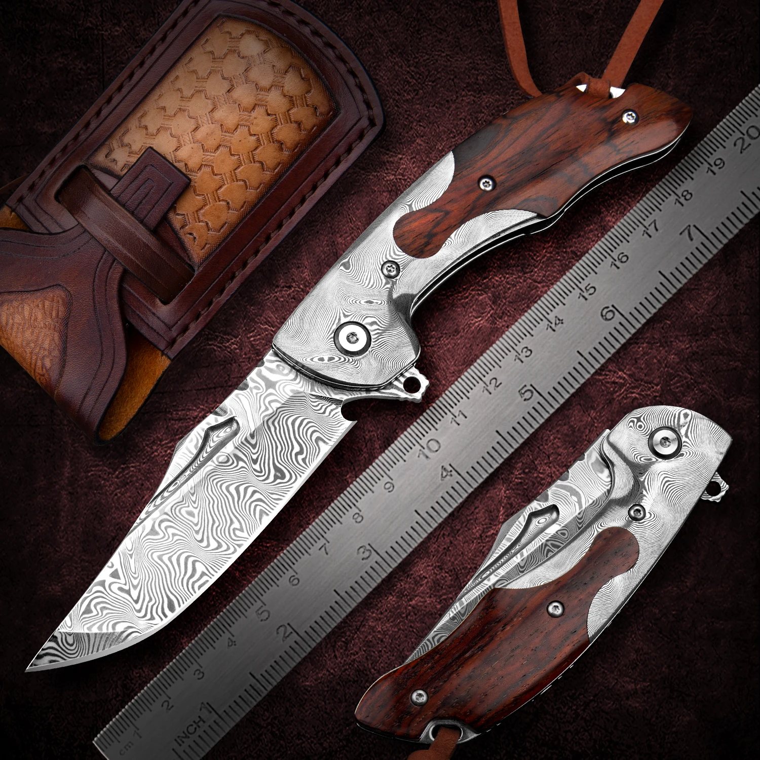 NEWOOTZ Damascus Folding Knife Rosewood Handle with Leather Sheath EDC Outdoor Tactical Knives for Camping Self Defense Peeling