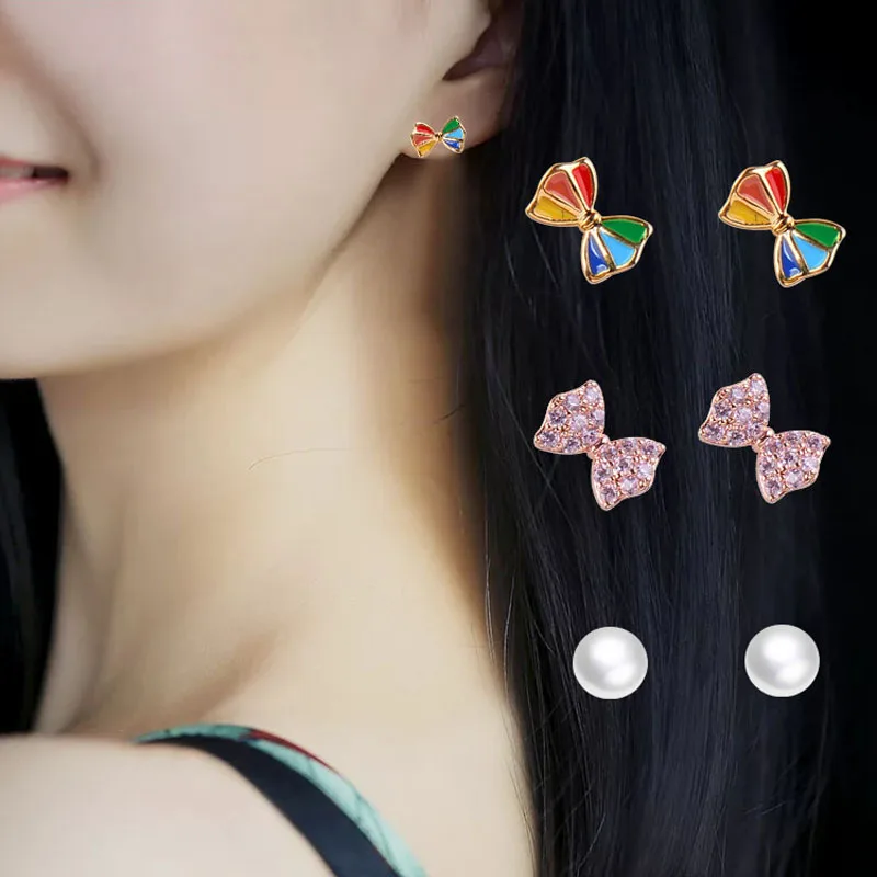 Серьги гвоздики SINLEERY с бантиком и фианитами женские милые ювелирные украшения в