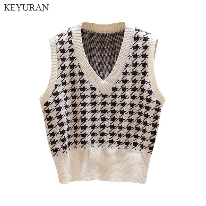 

V Neck Knitted Sweater Vest Women Vintage Fall Sleeveless Pullover Houndstooth Waistcoat Sweaters Chic Tops Female 2021 New