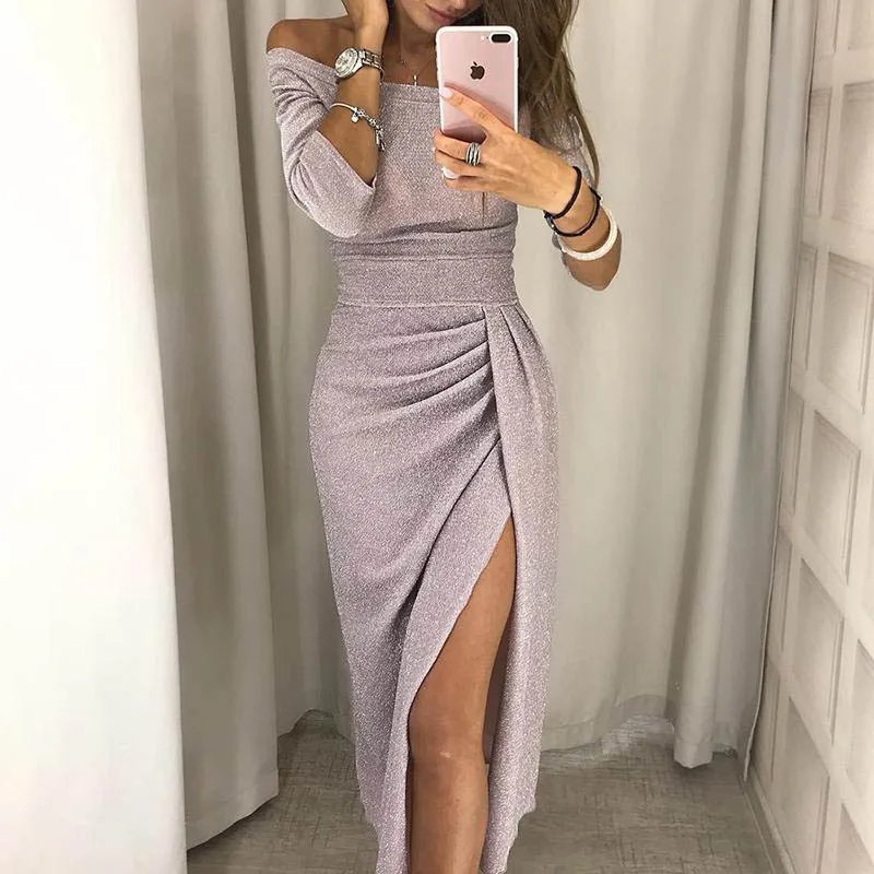Apricot Lipswag 3XL сексуальные платья для вечеринок с открытыми плечами женское облегающее платье с высоким разрезом осень рукав три четверти яркое шелковое блестящее платье - Цвет: Apricot