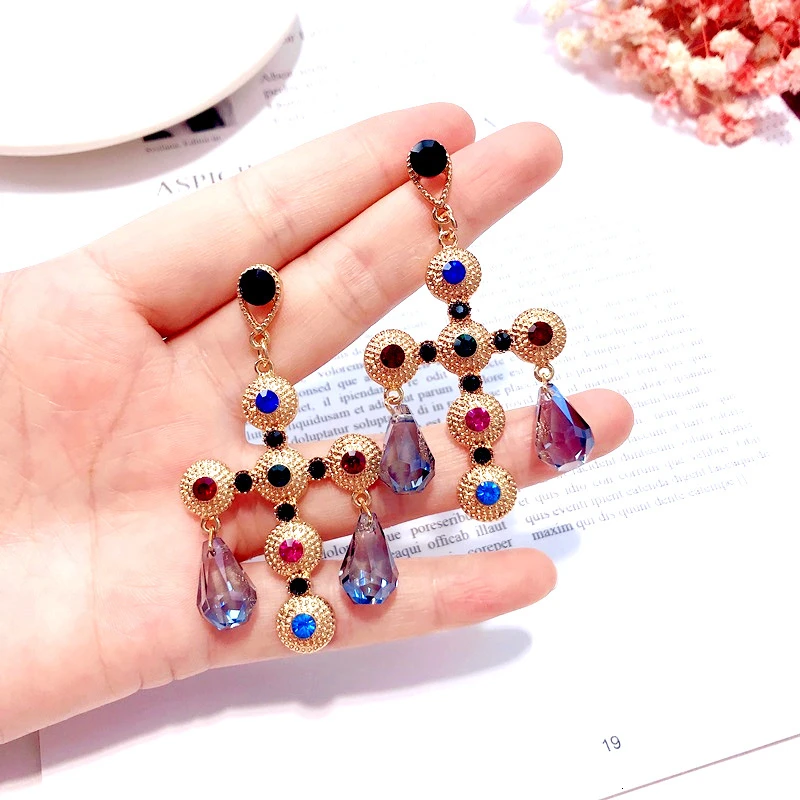 Boho New Metal Trendy Cross Drop Earrings For Women 2019 Luxurious Vintage Colorful Crystal Long Dangle Gift Jewelry | Украшения и