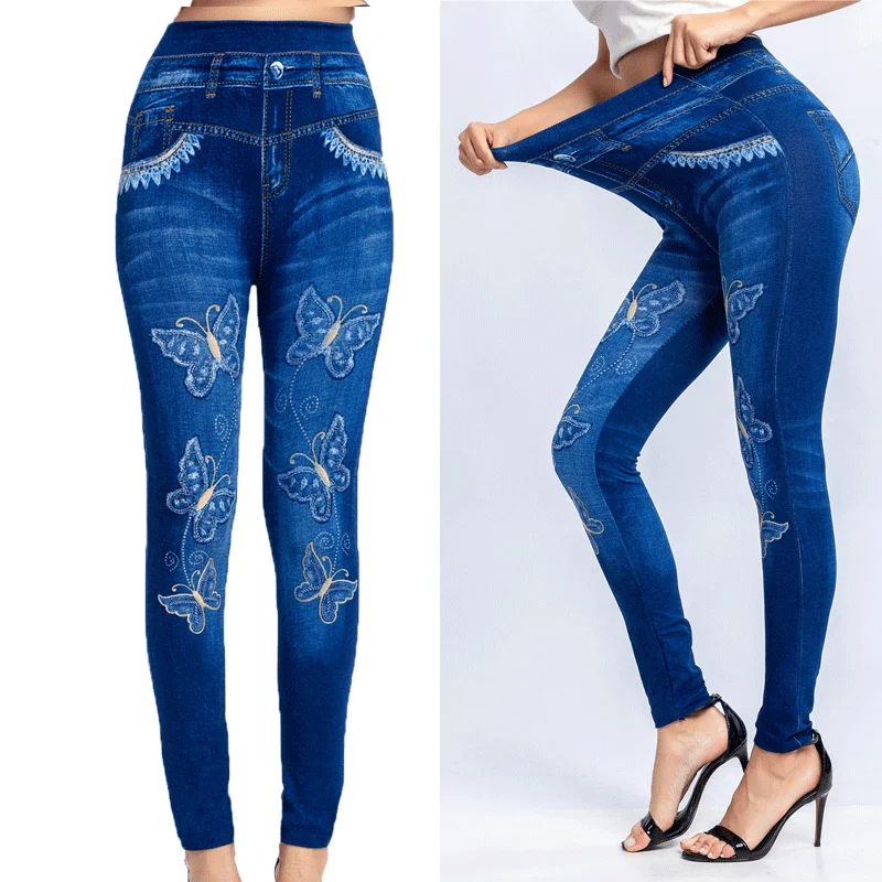 

Модные брюки из денима с принтом бабочки, летние и осенние эластичные леггинсы для подтяжки бедер, размера плюс Искусственные Джинсы Леггин...