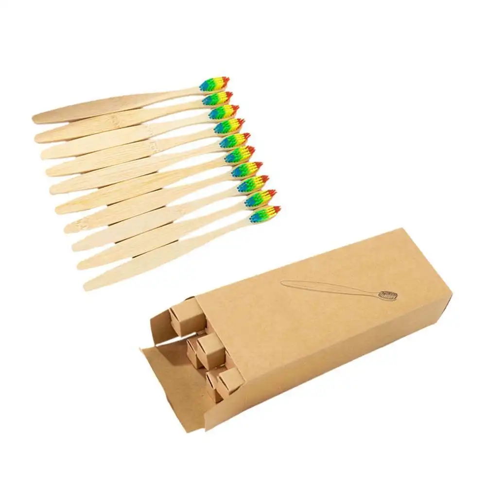 

10 Pcs Bamboo Toothbrushes - Soft Bristles ( Rainbow Or Mixed Color )- 17.4 Cm - Bathroom Teeth Cleaning Supplies