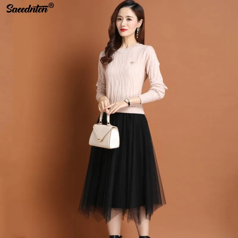 

Winter Elegant Long Sleeve Dress Women 2021 Female Casual Fake Two-piece Knitting Lace Mesh Patchwork Office Lady Work Dresses