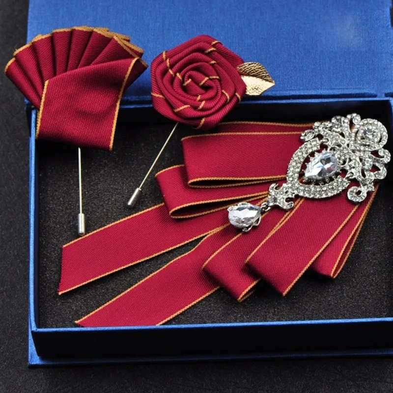 Red set 3 Высококлассный Модный бриллиантовый галстук-бабочка Женихи мужские свадебные аксессуары для воротника Галстуки Роза брошь карманное полотенце квадратный набор подарки для мужчин - Цвет: Red set 3