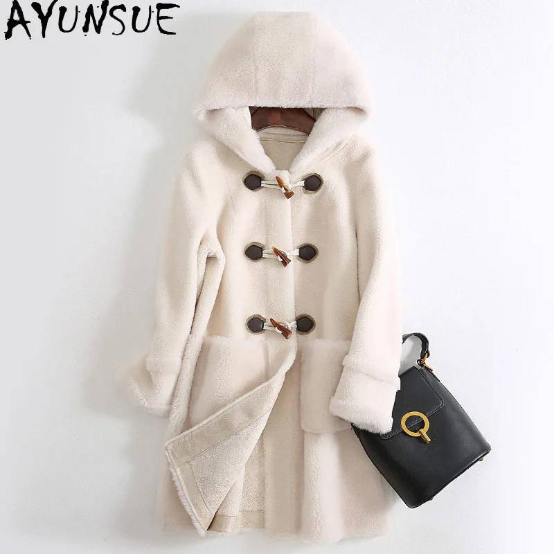 

Женская меховая куртка AYUNSUE, осенне-зимняя куртка с капюшоном из 100% шерсти, корейская мода 2020, KJ5440
