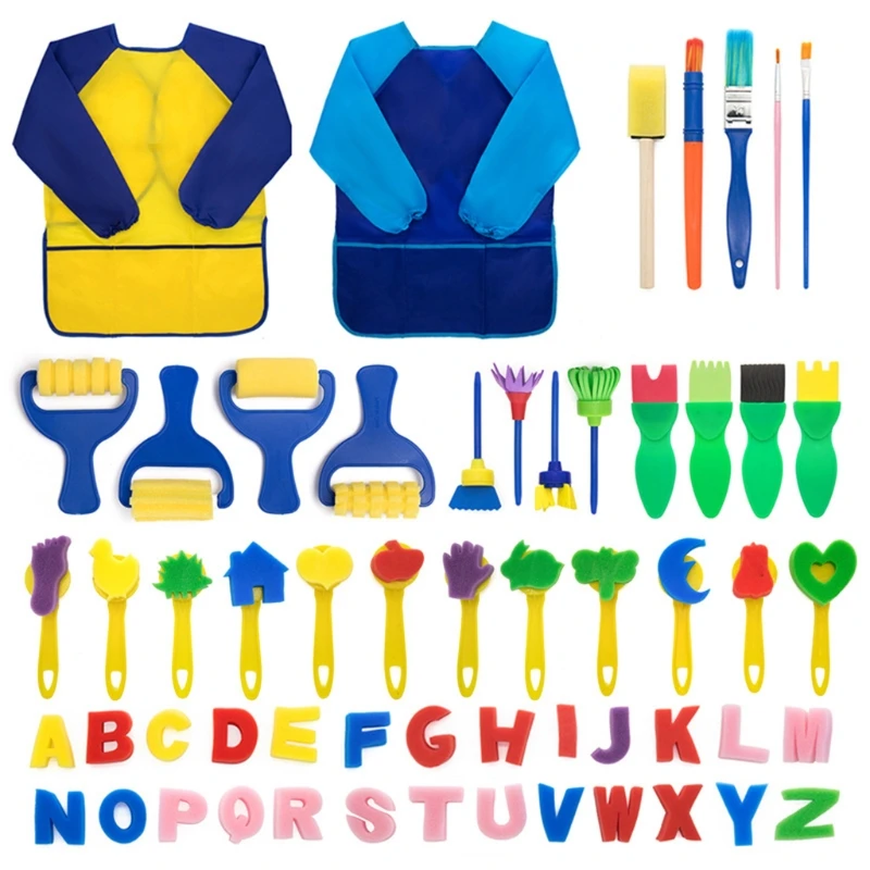 

57 PCS Kid Painting Brushes Sponge Drawing Tools Kit w/ Waterproof Art Apron Paint Sponge Brushes Foam Drawing Tool L38D