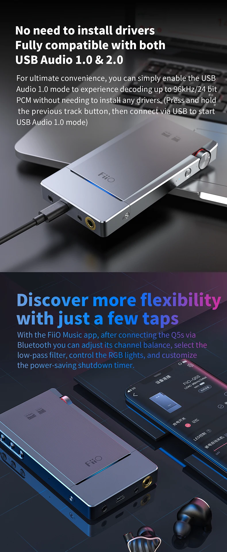 FiiO Q5s Bluetooth 5,0 Dual AK4493EQ DSD256 PCM 768 k/32 бит ЦАП и усилитель USB усилитель DAC для iPhone/компьютера/Android/sony