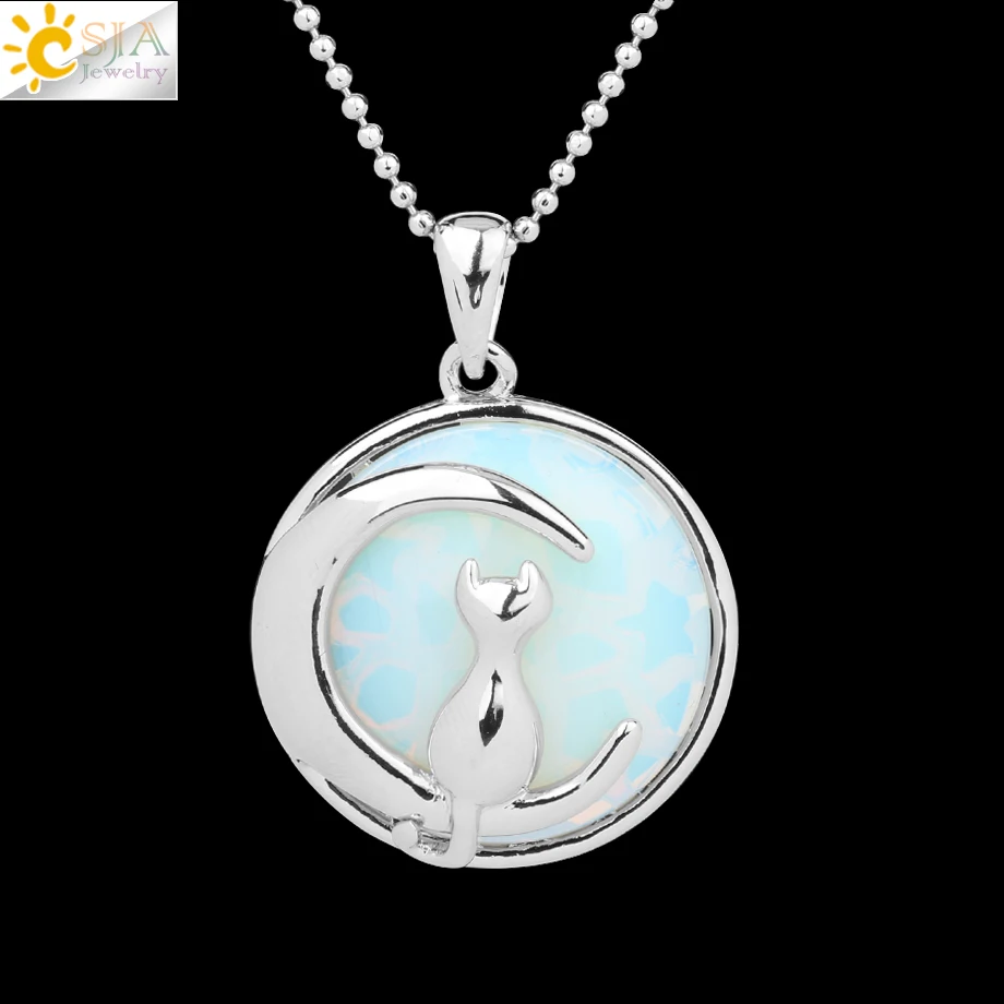 Opal CSJA, Новое поступление, женское ожерелье, кошка на Луне, натуральный камень, кристалл, подвеска, подвески, твердый корпус, котенок, талисманы, ювелирные изделия F341 - Окраска металла: Opal