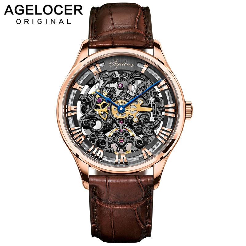 AGELOCER Reloj швейцарские черные мужские часы-скелетоны кожаные спортивные часы запас хода 80H часы наручные часы Relogio Masculino