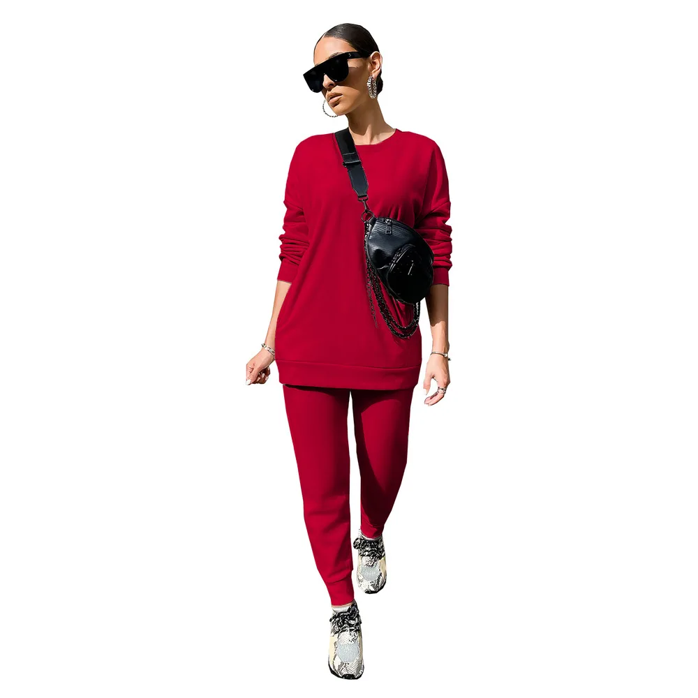 

Solid Activewear Sport Matching Women Two Piece Set O-neck Long Sleeve Pullover and Pencil Legging Plus Size Slim Club Outfits