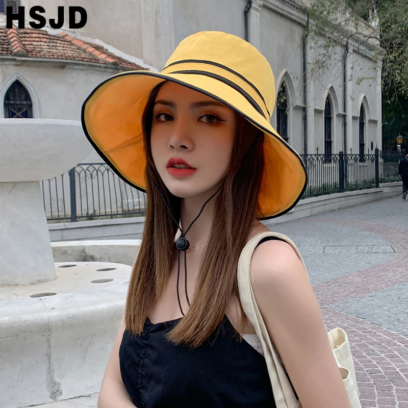 Black Line Wide Brim Summer Sun Hats For Women Foldable Bucket Hat Anti-UV Beach Caps Fashion Female Holidays Visor Cap Bonnet