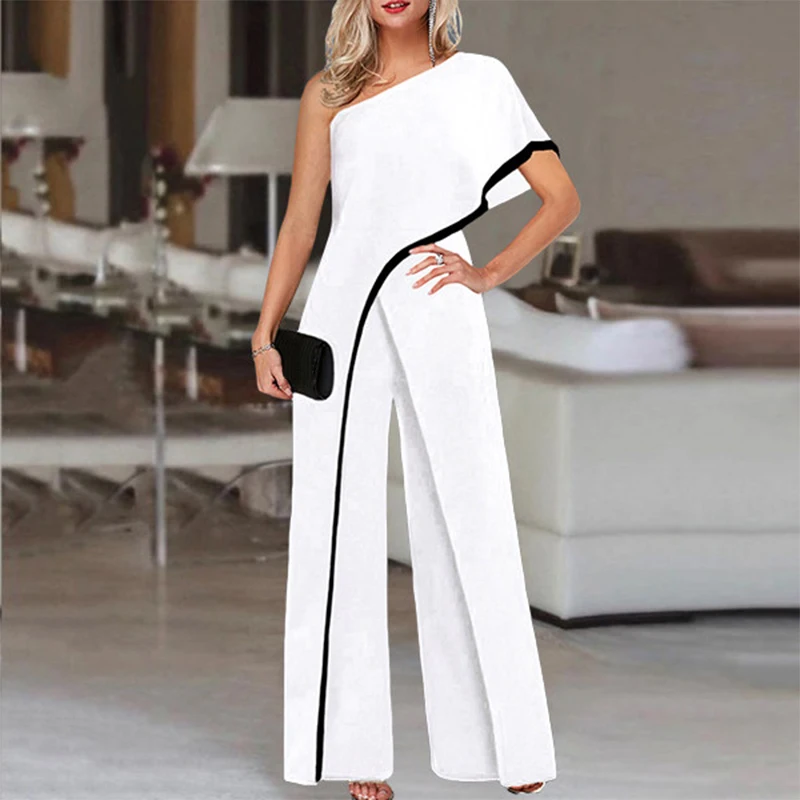 

Wide Leg Rompers Casual Palazzo Pantalones VONDA 2021 Women Playsuits Loose Solid One Shoulder Jumpsuits Office Overalls Femme