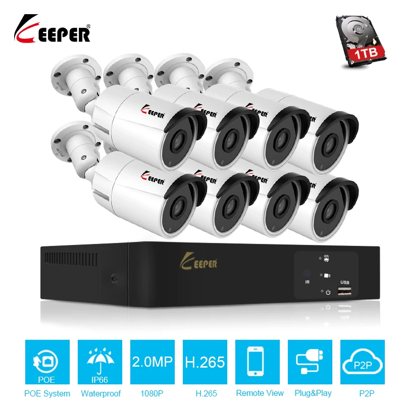 

Keeper H.265 8CH 1080P комплект системы камеры с 2 МП сетевым видеорегистратором, Внешняя камера видеонаблюдения, IP-система безопасности, комплект ви...