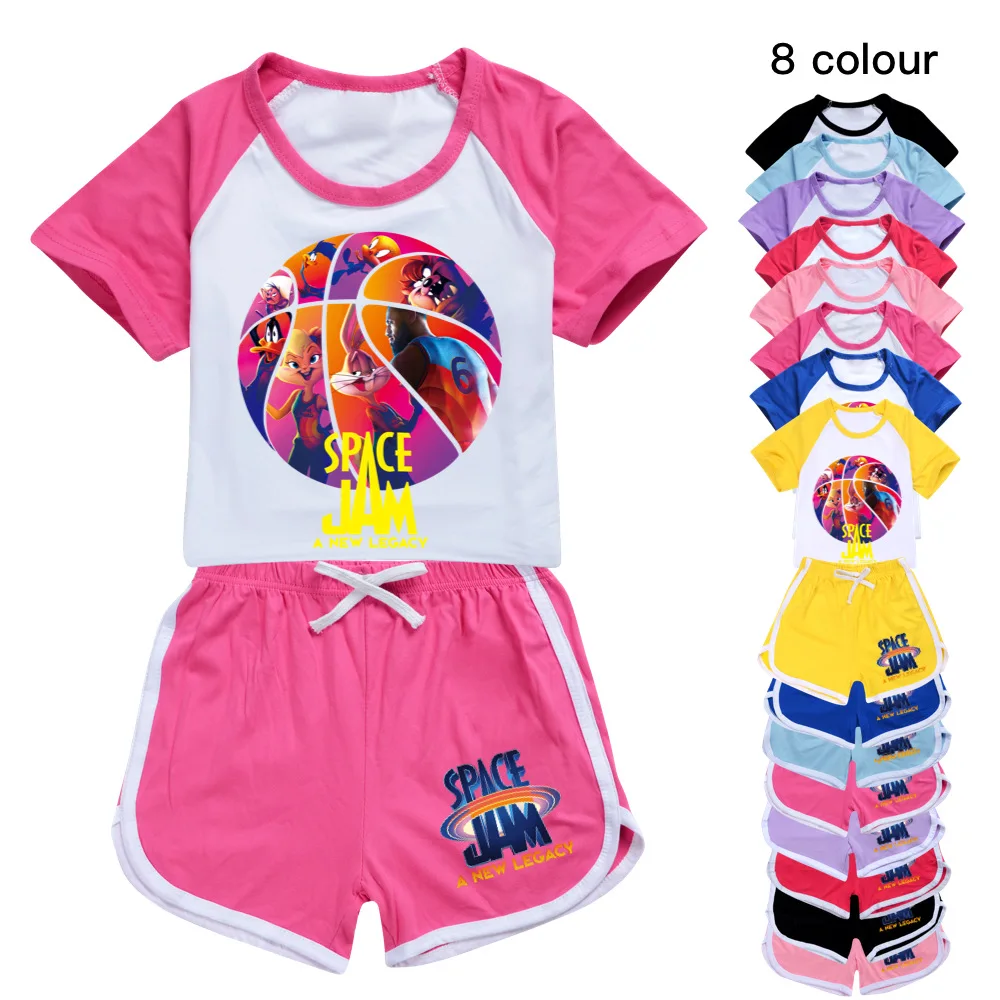 

Комплект летней одежды для девочек и мальчиков 2021, детская спортивная футболка и штаны SPACE JAM 2, комплект из 2 предметов, одежда для кукольного...