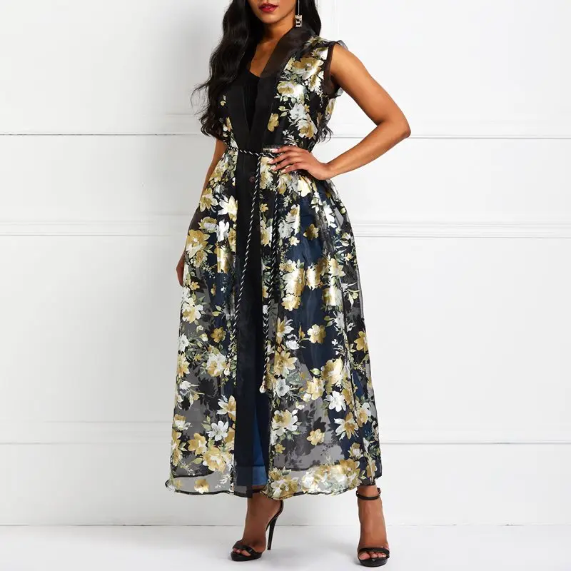 Женское винтажное платье с цветочным принтом черное без рукавов Длинный жилет