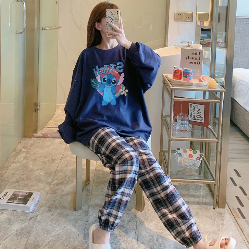 Disney Cute Stitch Pajamas for Women 2021 Autumn Winter Long Sleeve Tops and Plaid Pant Soft Homewear Pijamas Women 2 Piece Set