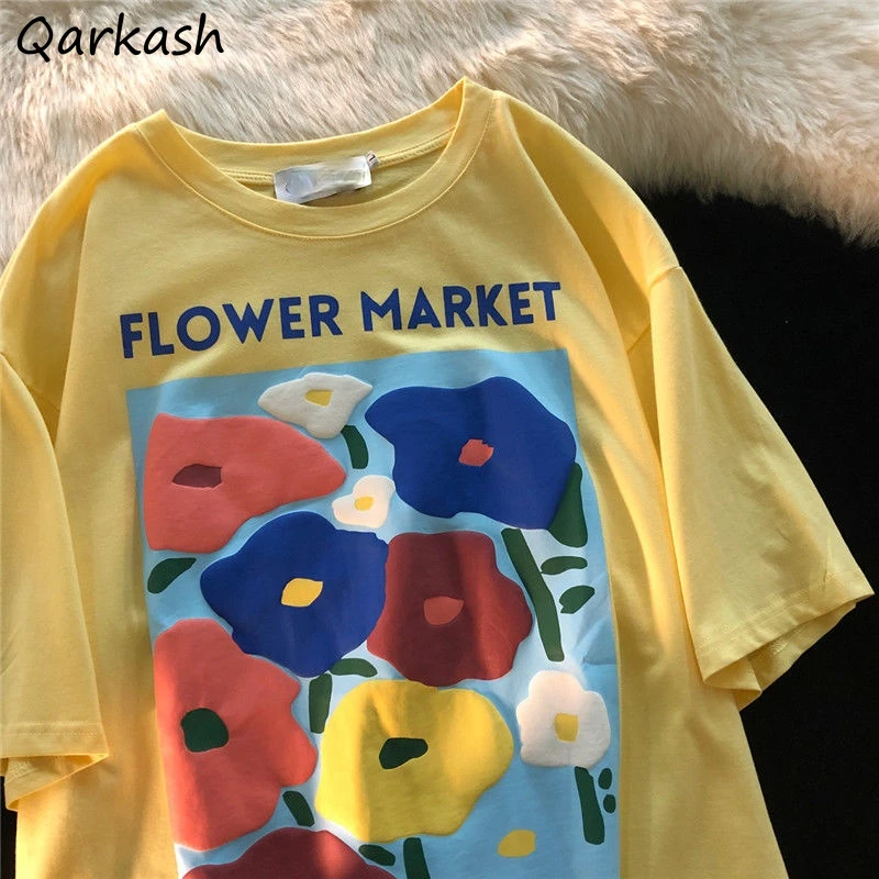 

Футболка женская с коротким рукавом и цветочным принтом, шикарная универсальная свободная Простая рубашка в Корейском стиле для молодых де...