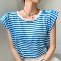 striped t shirt women with shoulder pads o neck sleeveless tee shirt femme summer tops 2021 streetwear tshirt vintage clothes
