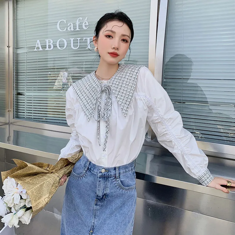 

Women Spring Autumn Loose Spliced Peter Pan Collar Plaid Blouses Female Elegant Brand White Shirt Ladies Designed Shirts ML78