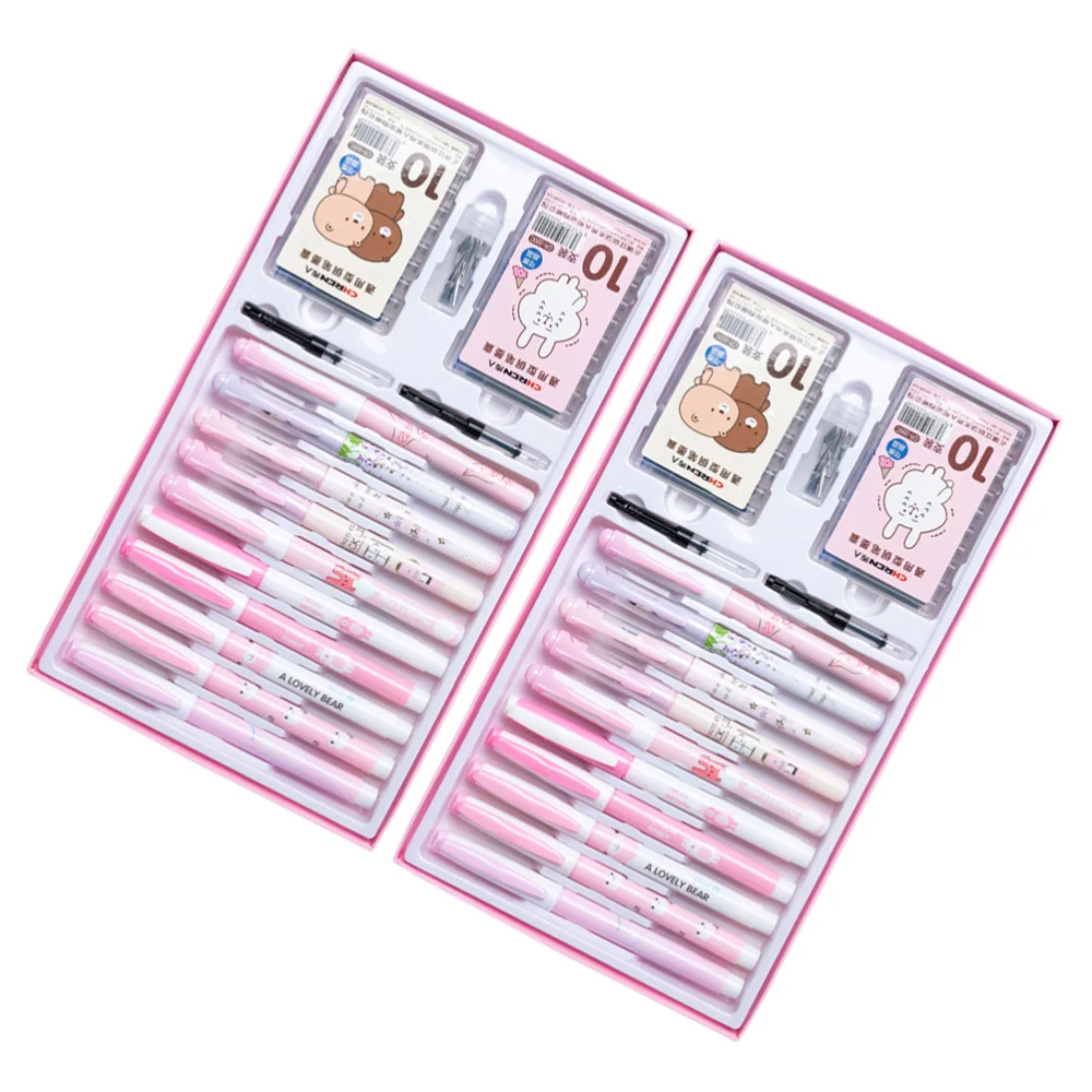

2 Boxes/20pcs Plastic Ink Pen Fountain Pen Set Cartoon Metal Pen with Ink Sac and Water Suction for Student Children Stationery