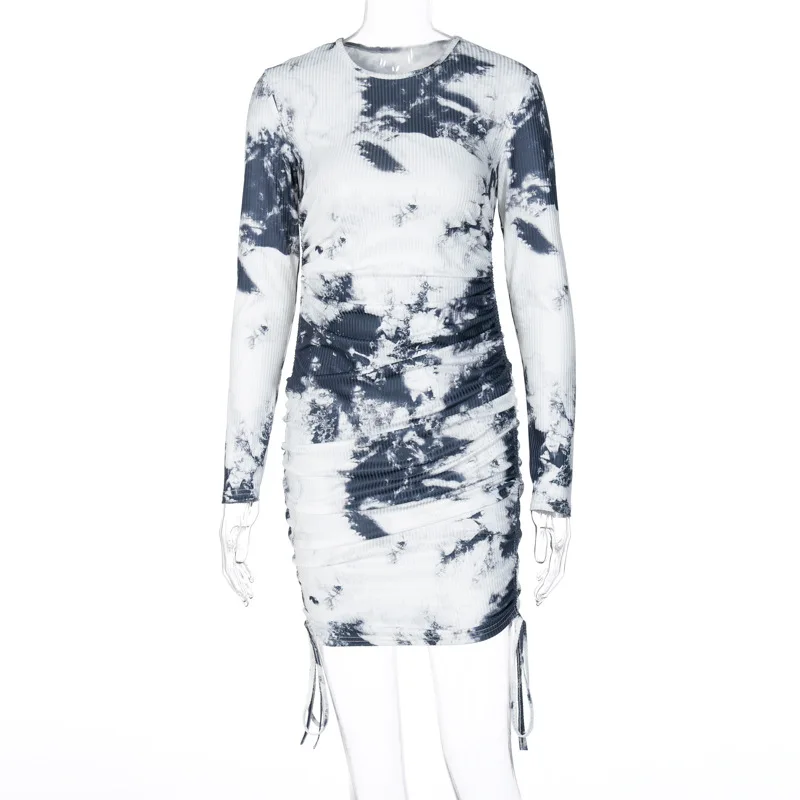

Women Drawstring bottom Tie-dye Mini Dress Fashion Casual Long Sleeve Dress