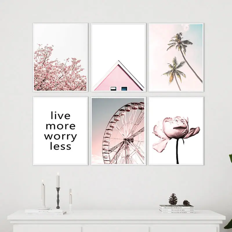Nordic Стиль розовое Плакаты и принтом пион Wall Art колесо обозрения плакат пальмовые