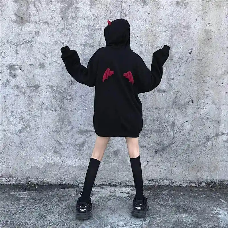 Fall Winter Women Sweatshirts High Street Harajuku Cute Hoodies Punk Gothic Devil Horn Chic Hooded Pullover Loose Sweat | Женская одежда