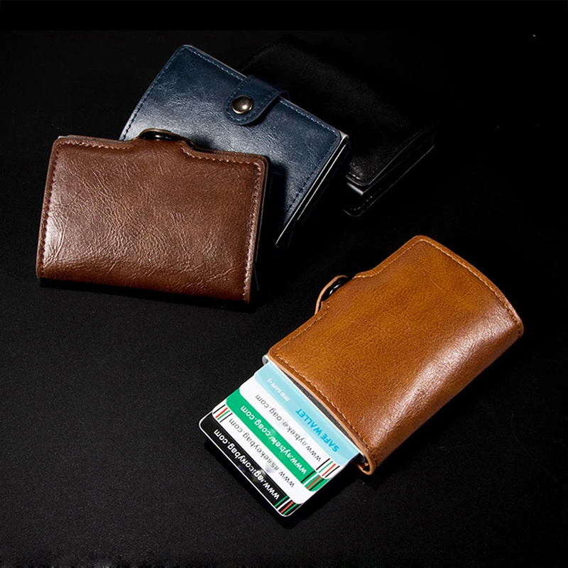 

2020 Buckle Fashion Credit Card Holder Aluminum Box Card Wallet RFID PU Leather Pop Up Card Case Magnet Carbon Fiber Coin Purse
