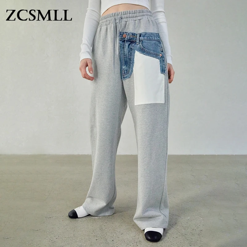 

ZCSMLL Casual Wide Leg Pants For Women High Waist Patchwork Pocket Straight Loose Trousers Female Fashion New Clothing