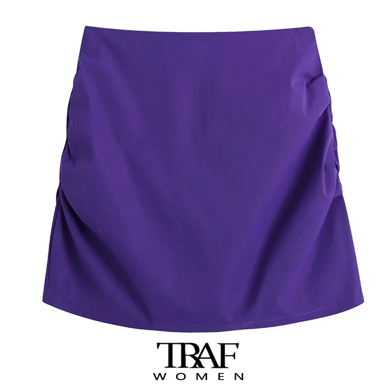 

TRAF Za Women Fashion Side Pleated Mini Skirt Vintage High Waist Back Zipper Female Skirts Mujer