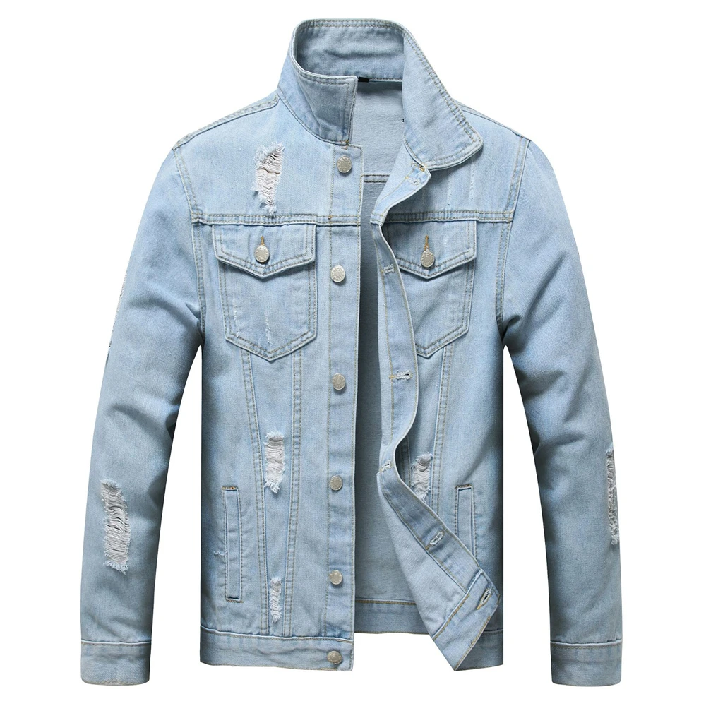 

Spring and Autumn Men's Denim Jacket Blue Fashion Trend Youth Casual Washed Cowboys Outerwear Slim Homme Ripped Jacket Mens Coat
