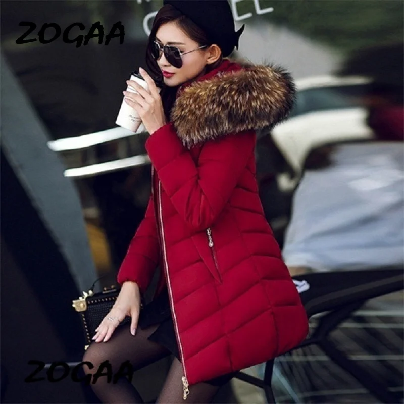 

ZOGAA Winter New Women's Cotton Coat Long Section Slim Cotton Jacket Large Fur Collar Down Cotton Coat