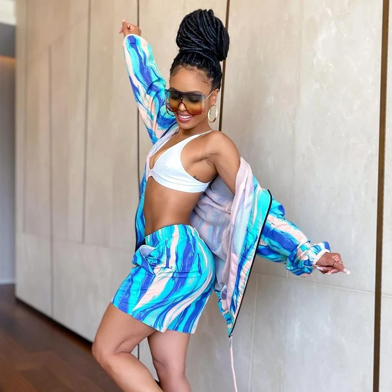 

CIBBAR Women's Tracksuit Hipster Print Casual Sporty Outfits Loose Coat+Elastic Shorts 2 Piece Sets Female Slim New Lounge Wear