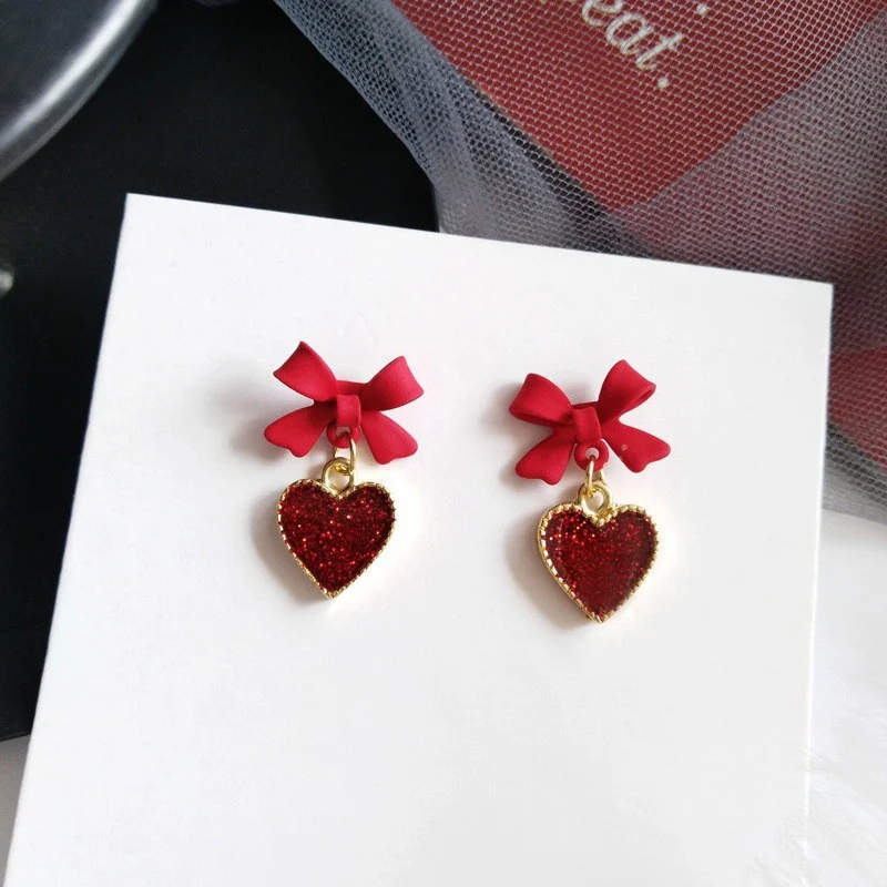 

Simple Sweet Bowknot Heart Shape Earrings Jewelry Accessories