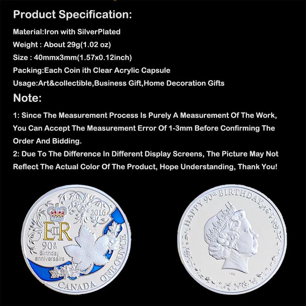 

Silver Plated 90th Birthday Anniversaire Canada Maple Leaf Elizabeth ER Queen II Souvenirs Coin Medal Collectible Coins Gift