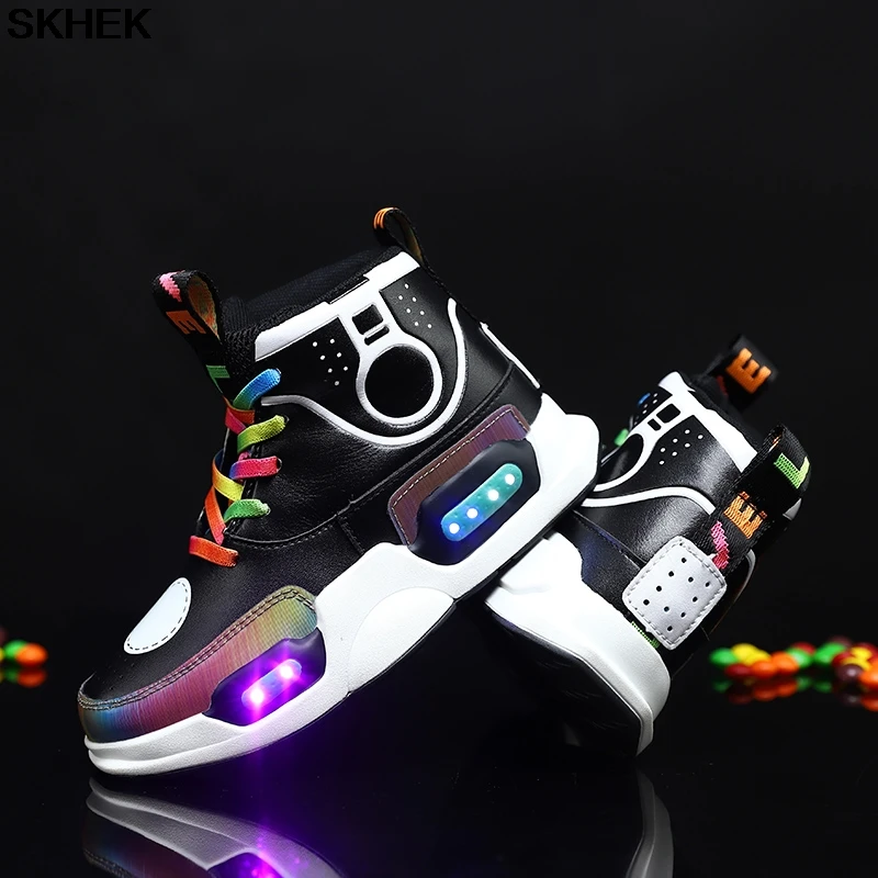 SKHEK 2021 Children USB Charge Colorful Led Back Light Shoes Mesh Girls Flash Luminous Sneakers Boys Glowing Kids | Детская одежда и