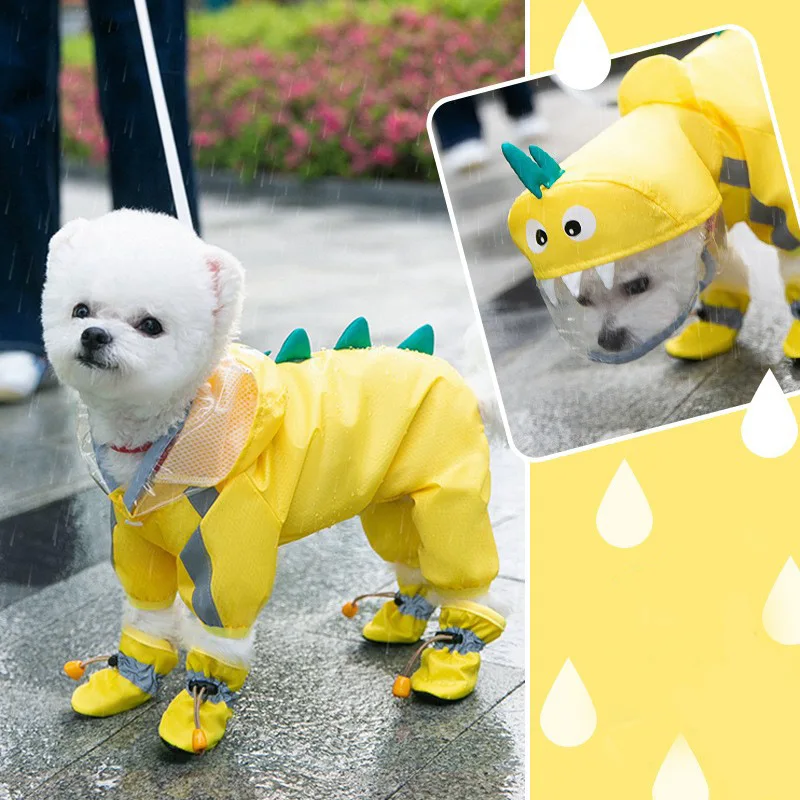 

TPU All Seasons Waterproof Cute Cartoon Dinosaur Four-legged All-inclusive Belly Teddy Bear For Dog Little Puppy Pet Raincoat