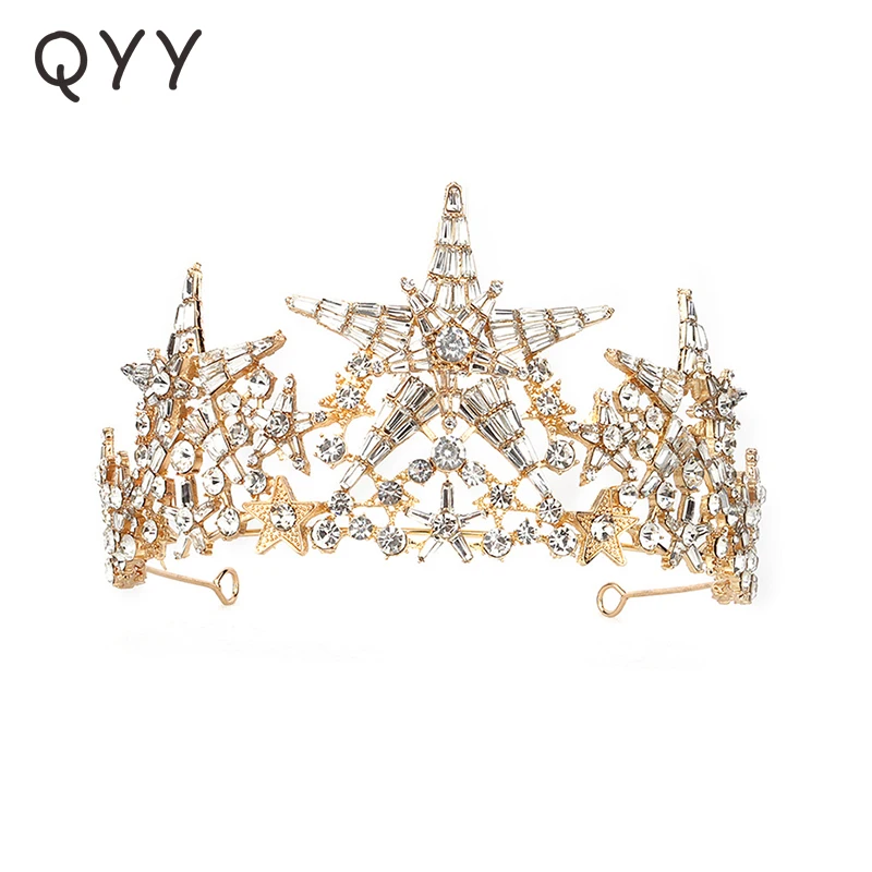 

QYY Fashion Star Hair Crown Gold Color Rhinestone Tiaras and Crowns for Women Accessories Prom Headpiece Hair Jewelry Gifts