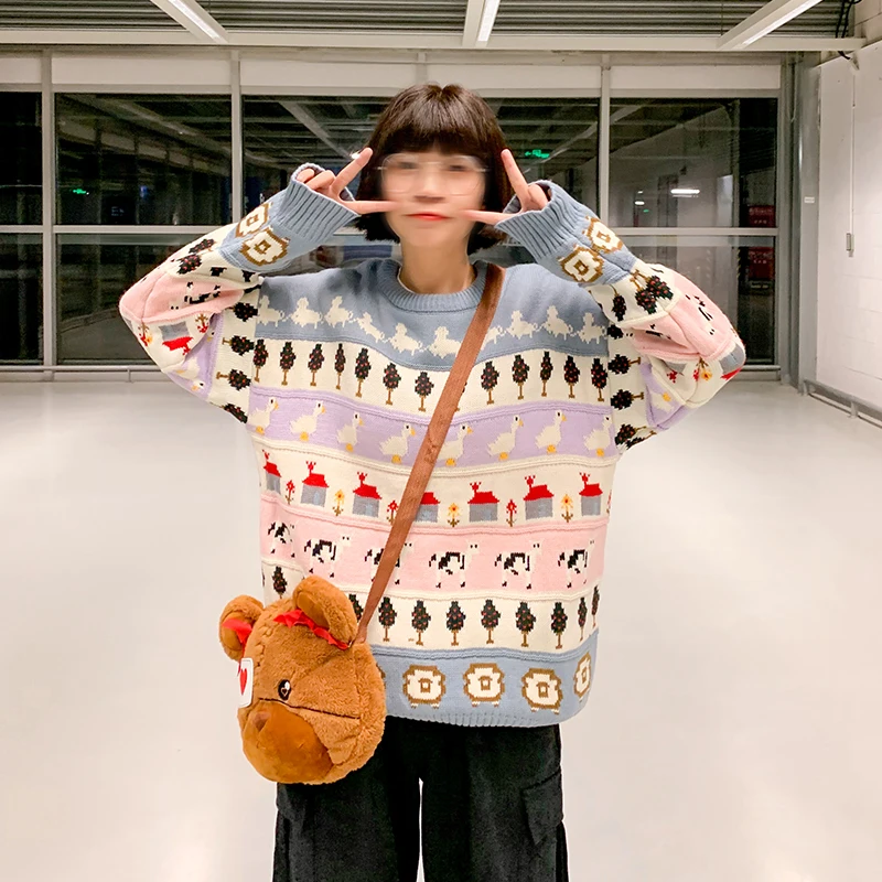 Autumn Japan Vintage Women Winter Pullover Sweater Animal Jacquard Ladies Loose Knitted Jumpers Thick Warm Long Sleeve | Женская одежда
