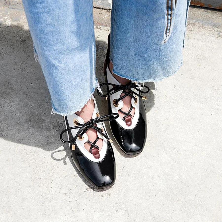 

Prova Perfetto Fashion Women Single Shoe Genuine Leather Patchwork Lace Up Hollow High Heels Square Toe Chunky Heel Casual Shoes