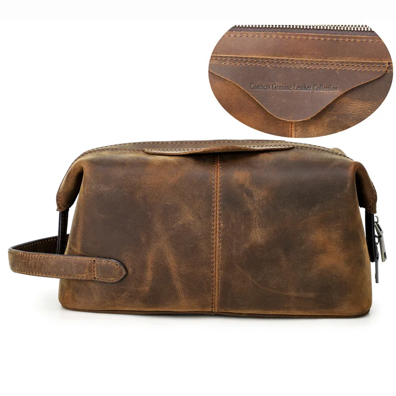 Crazy Horse Leather Cosmetic Bag Travel Toiletry Wash Kit Storage Hand Bag clutch Pouch for Men Handbag Retro Makeup Case bolsos