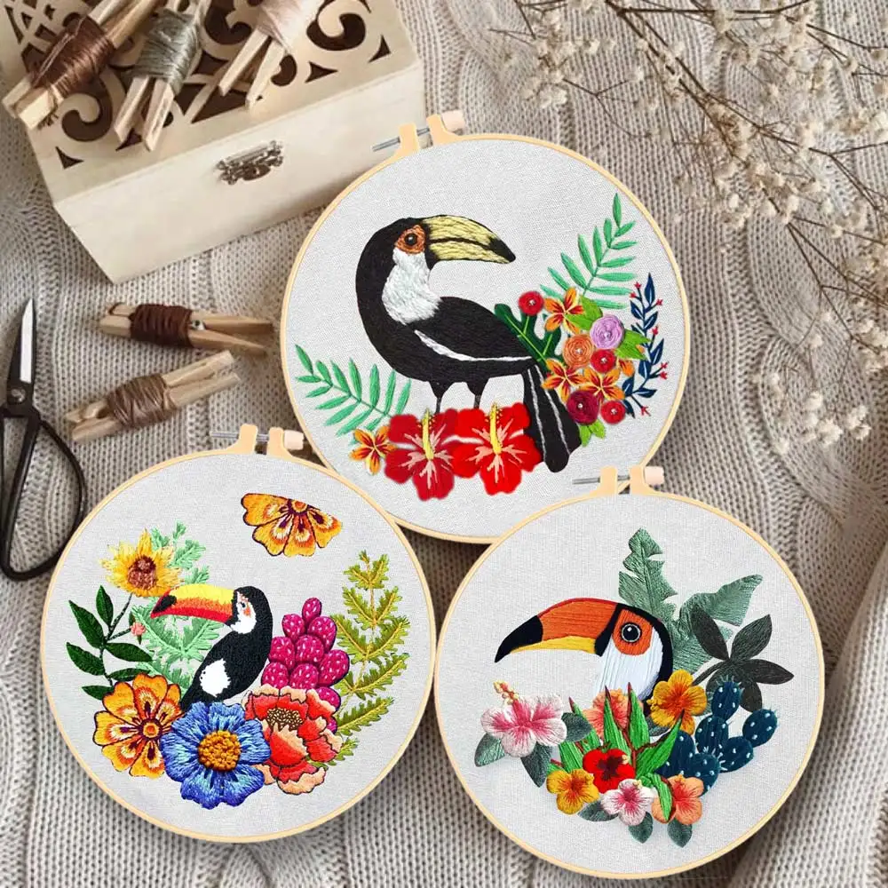 

2Sets Animal Big Beak Bird Toucan European Style 3D Embroidery Knitting Kit DIY Cross Stitch Decorative Paintings Material Pack