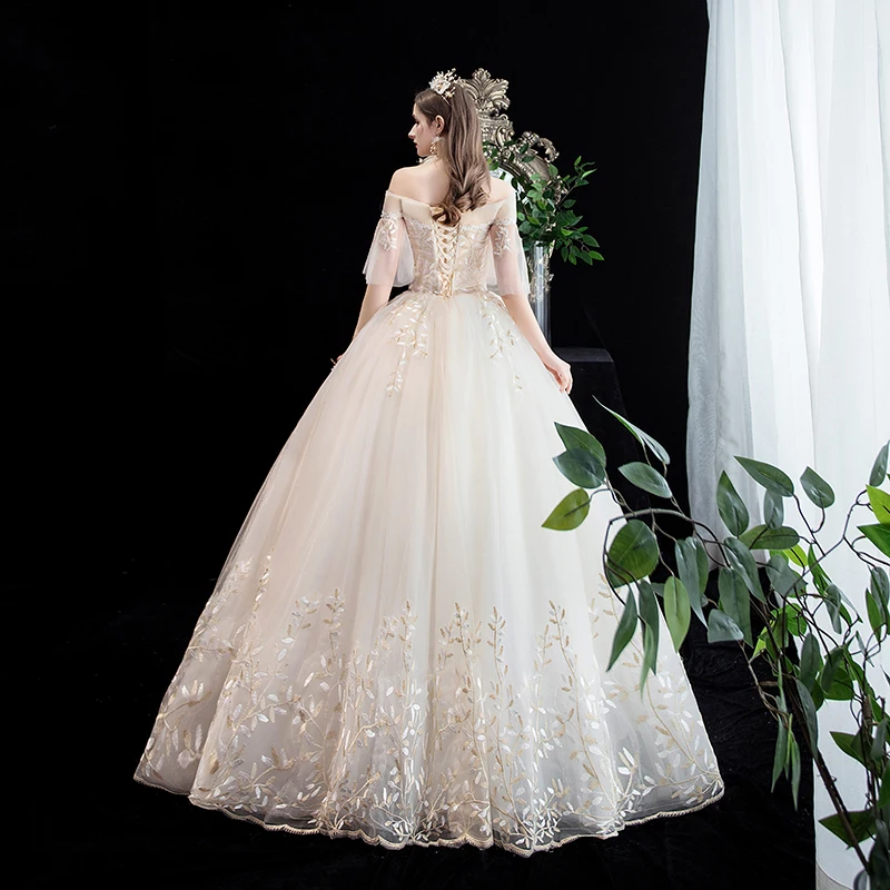 Wedding Dress Short Sleeve Boat Neck Light Champagne Lace Up Ball Gown Princess Luxury Lace Wedding Dresses Plus Size