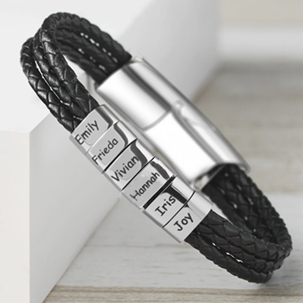 Hand-Woven Multi-layer Pulseras Para Hombre Stainless Steel Braided Leather Bracelet Name Engraved Jewelry for Mens Jewelry
