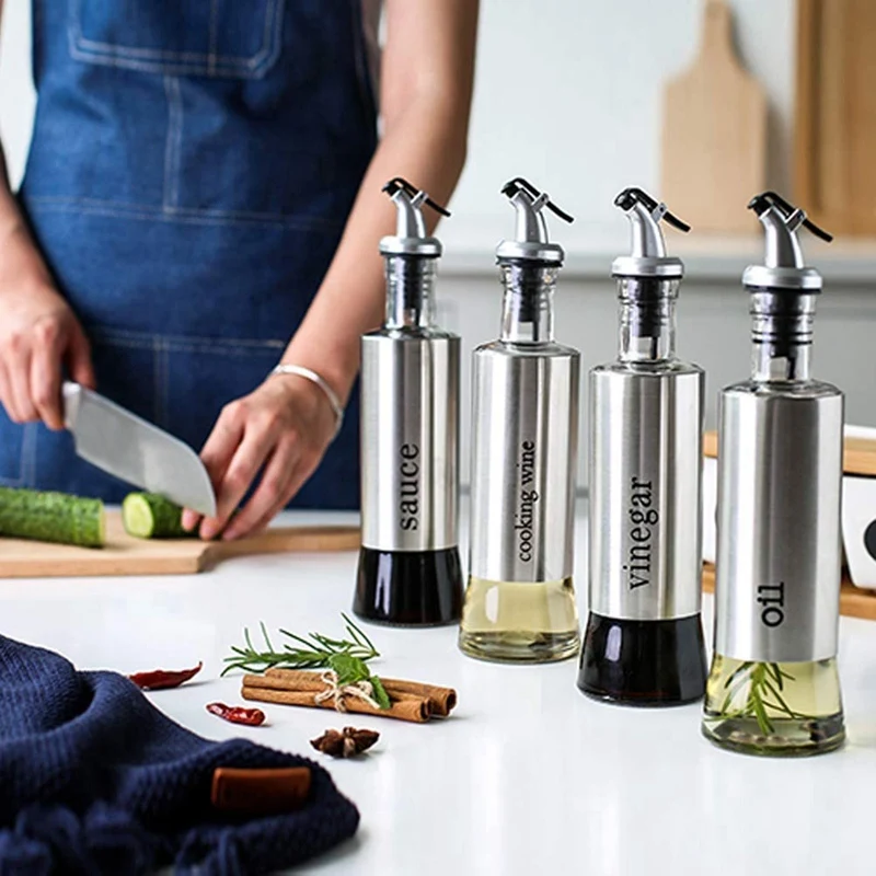 

4 Pack Oil and Vinegar Cruet Dispenser Set with Drip Free Design Elegant,Stainless Steel with Glass Bottom,300Ml