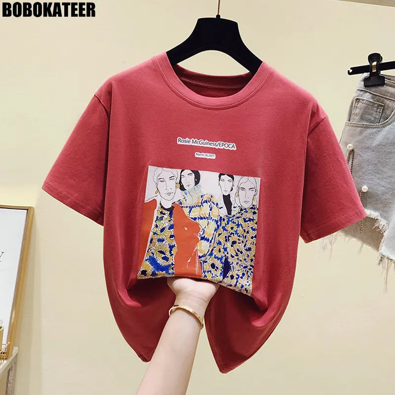 

Short Sleeve T-shirt Women Clothing Oversized Summer White Graphic T shirt Woman Tops Cotton Loose Printed Tee Harajuku New 2021